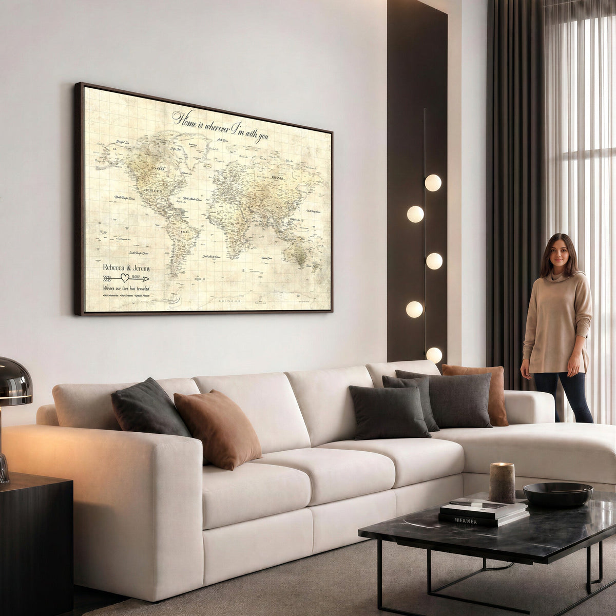 Personalized Beige Modern Push Pin World Map Wall Art, Honeymoon and Anniversary Gift, Bedroom and Study Decor