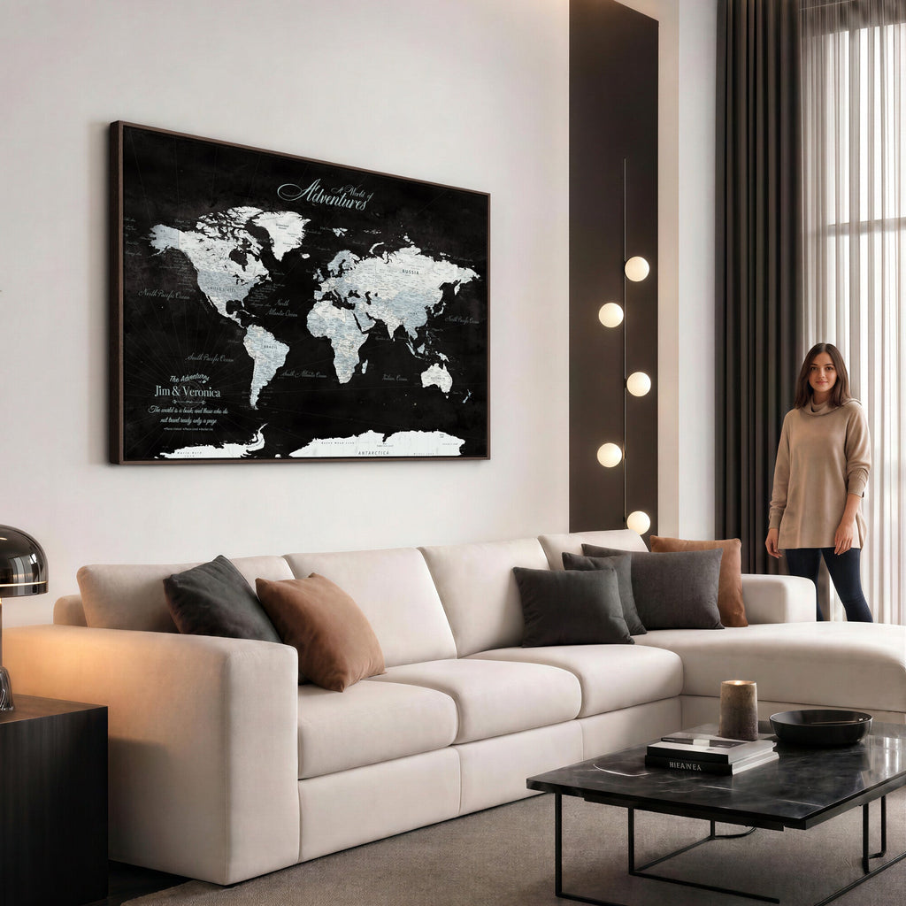 Custom Beige World Travel Map Wall Art with Pins, Places Visited Tracker, Bedroom and Home Office Decor