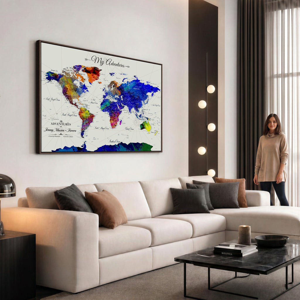 Detailed Custom Framed Beige Modern World Map Canvas with Push Pins, Honeymoon and Anniversary Gift, Dining Room and Home Office Decor