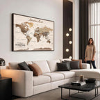 Personalized Framed White Modern Push Pin Travel Map Canvas Print, Bucket List Map, Dining Room and Study Decor