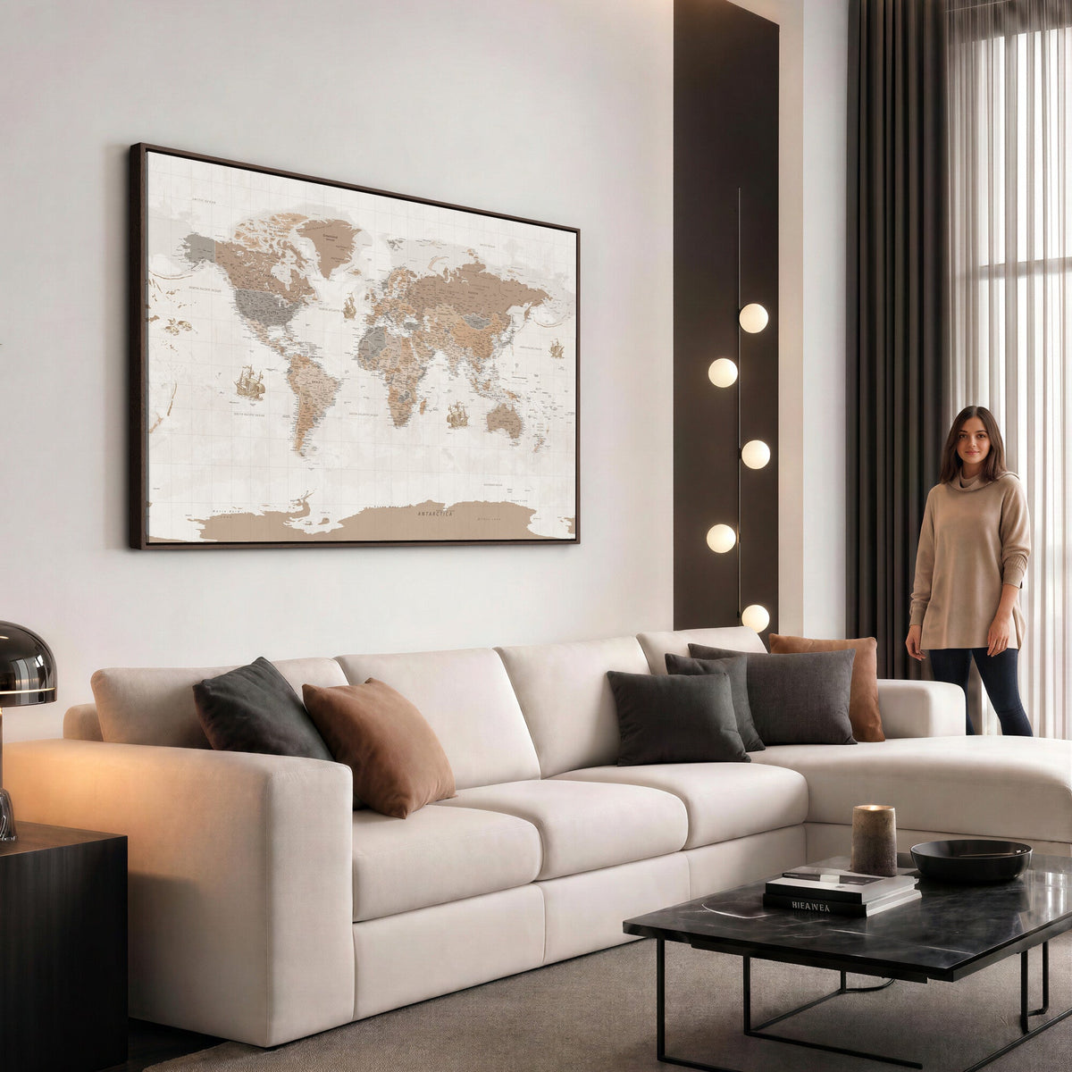 Framed Large World Map Canvas Print for Office Decor