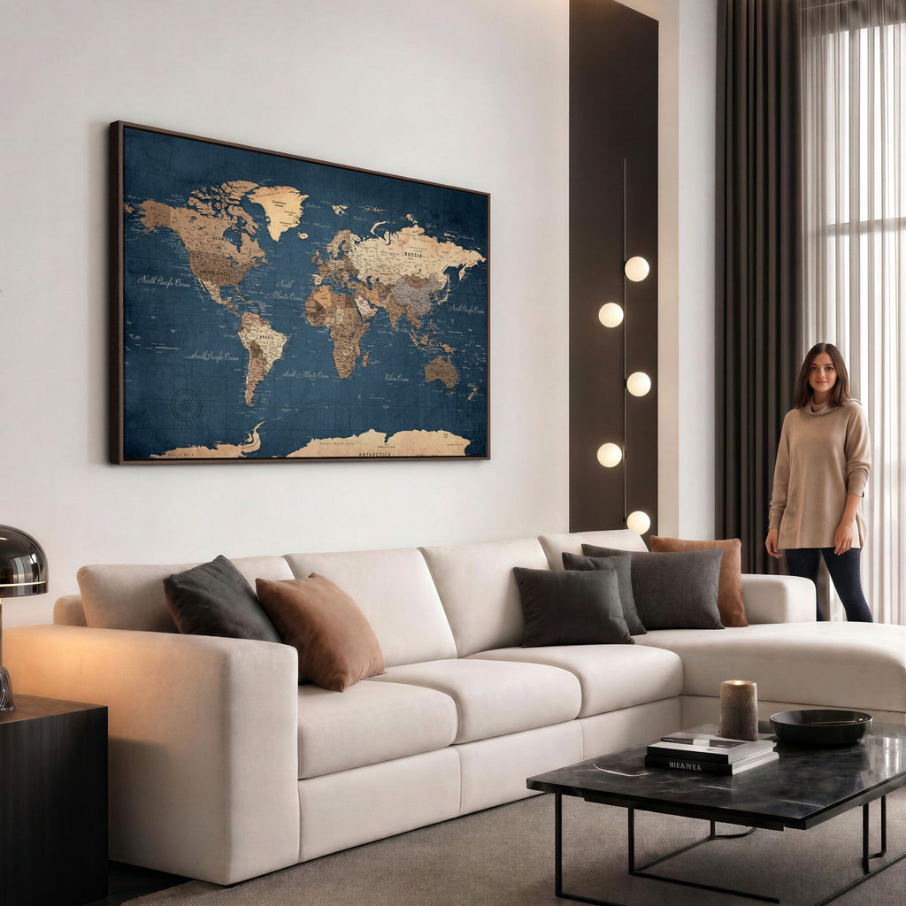 Navy Blue World Map Canvas Print | Framed Travel Map Wall Art