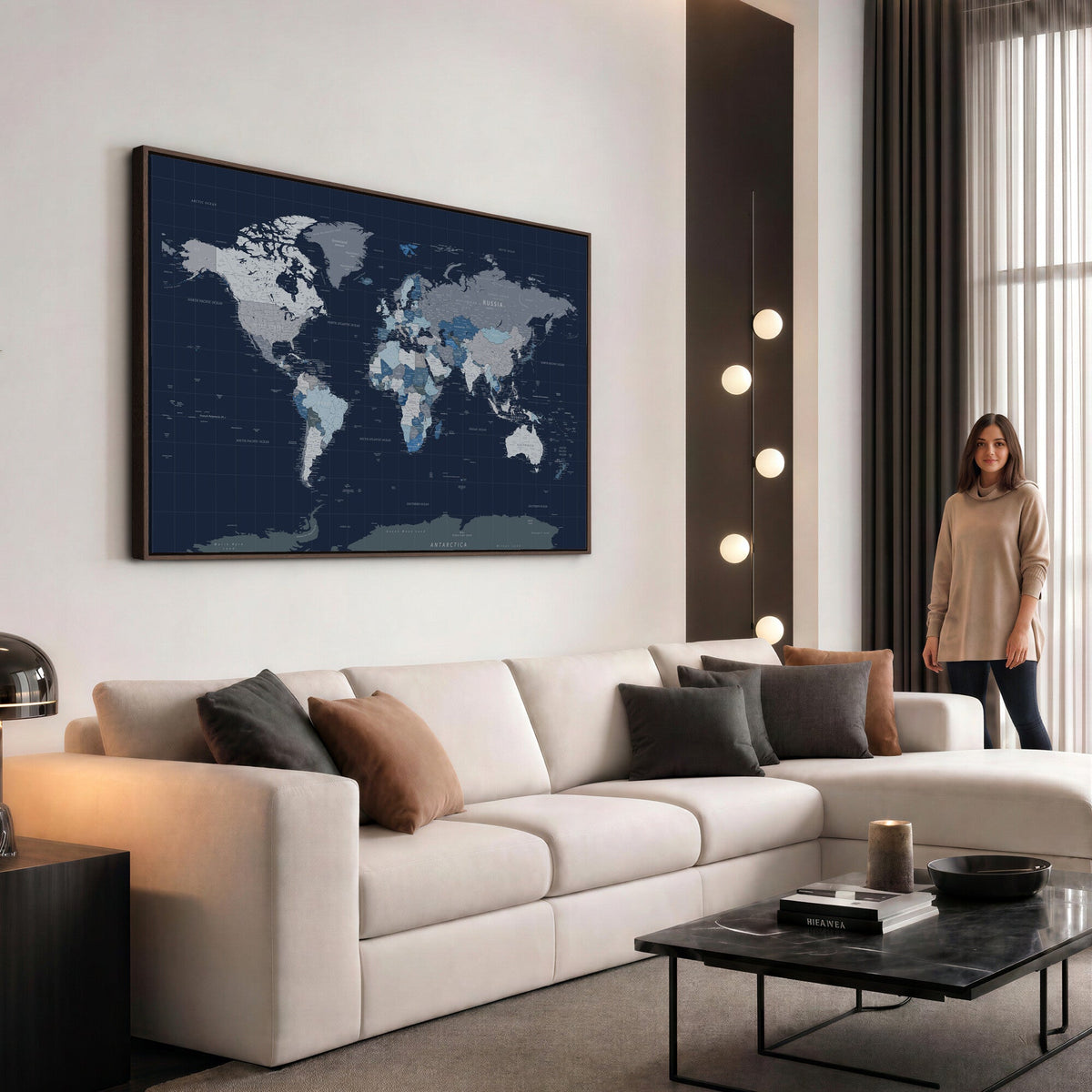 Blue Detailed World Map Wall Art Canvas Print | Modern Framed Map