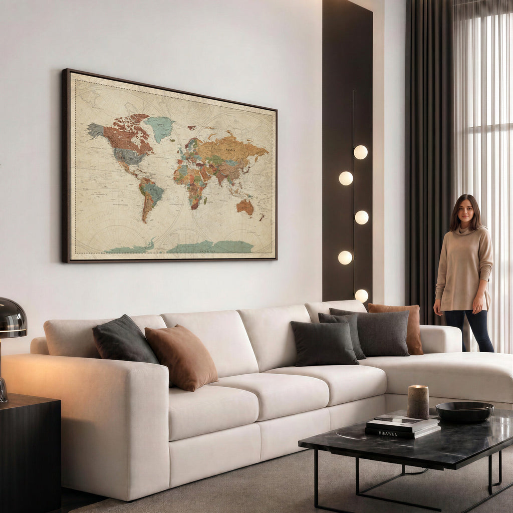 Vintage World Map Canvas Wall Art Print | Framed Modern World Map