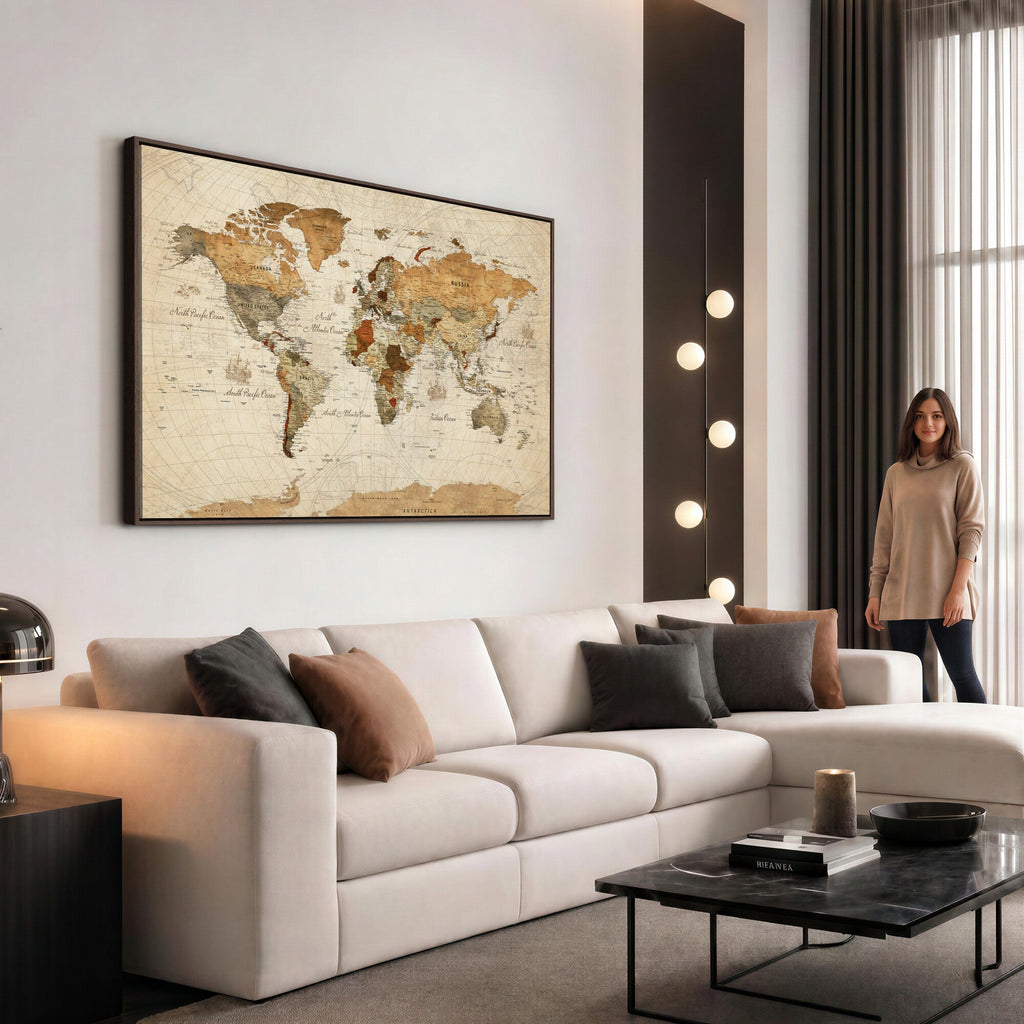 Rustic Vintage World Map Canvas Print | Framed Modern Vintage Travel Map Wall Art