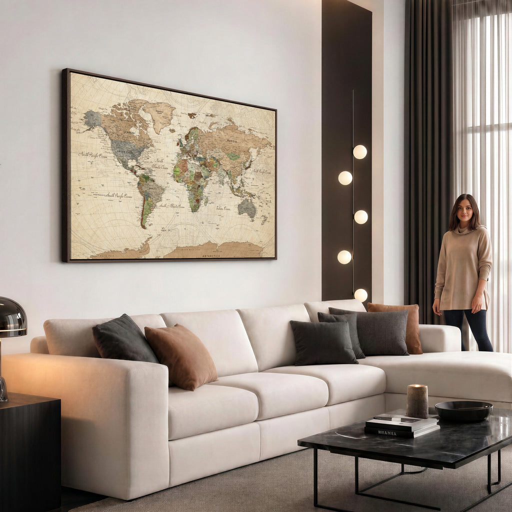 Framed World Map Wall Art for Home and Office Decor