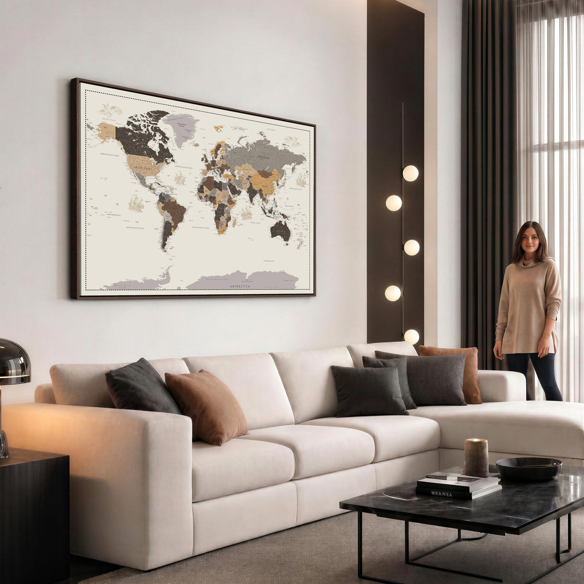 Custom Beige Modern Push Pin World Map Canvas Print, Places Visited Tracker, Bedroom and Study Decor