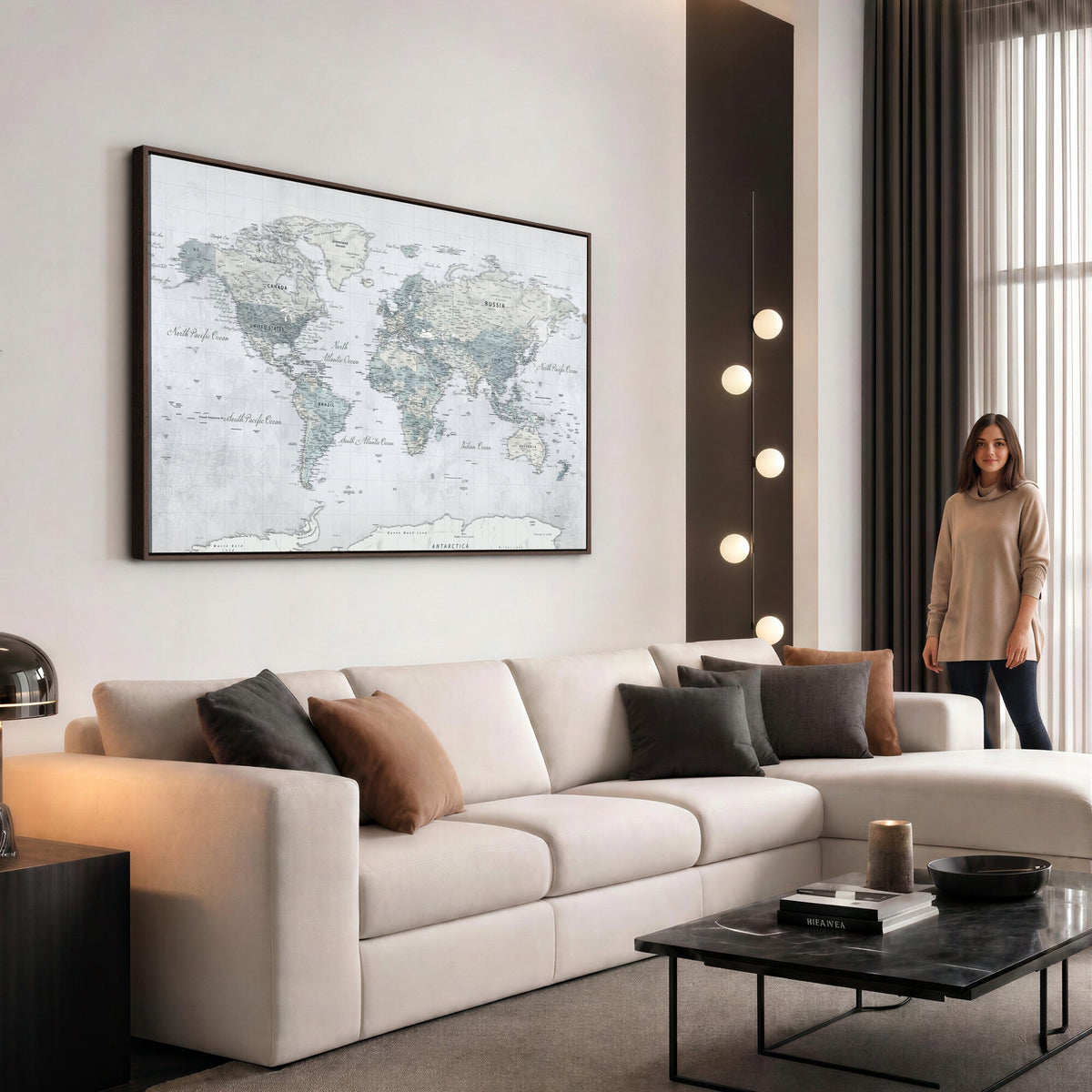 Push Pin World Map Canvas Print - Detailed Vintage World Map