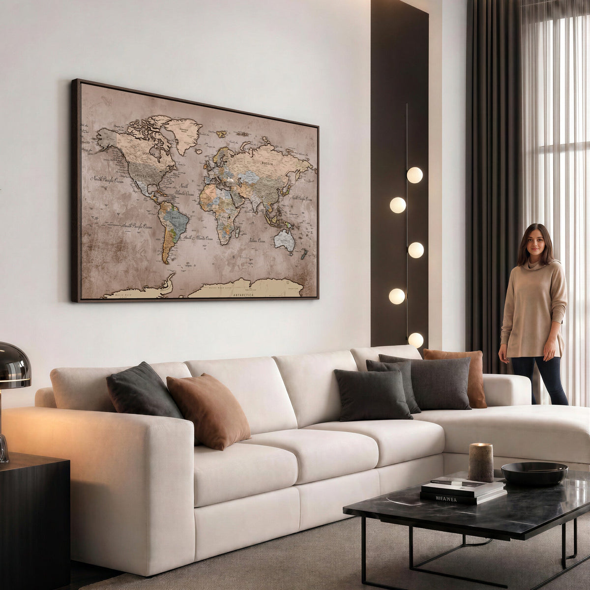 Grunge World Map Canvas Wall Art - Vintage Aged World Map with Golden Tones