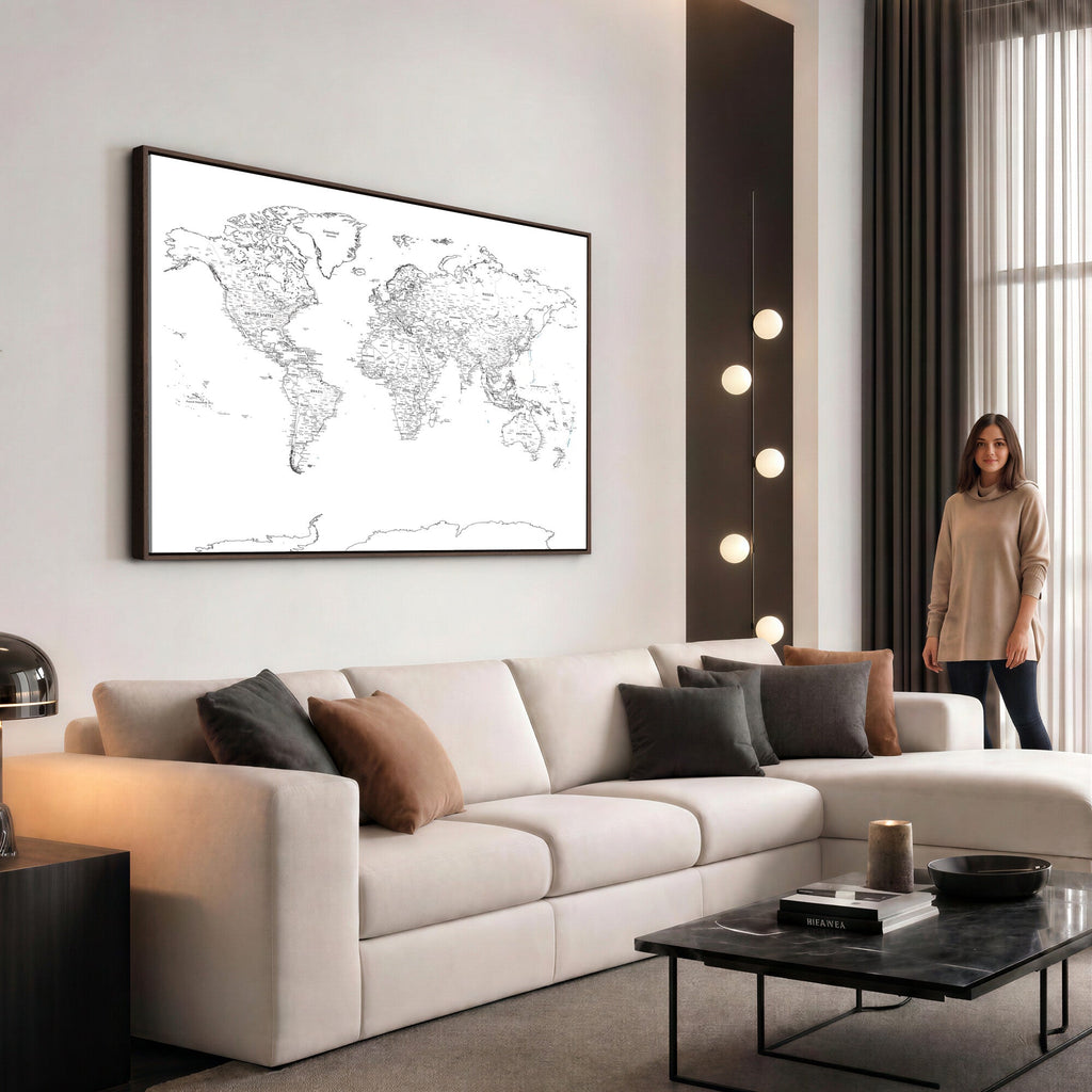 World Map Canvas Print, Framed Modern Detailed Map of the World for Home or Office