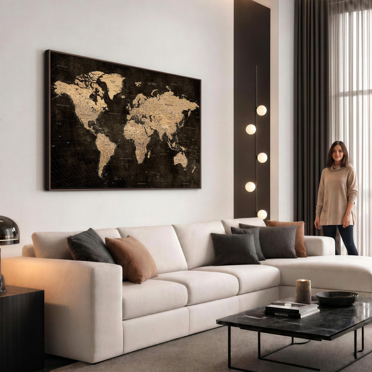 Brown World Map Canvas Print | Modern Travel Map Wall Art