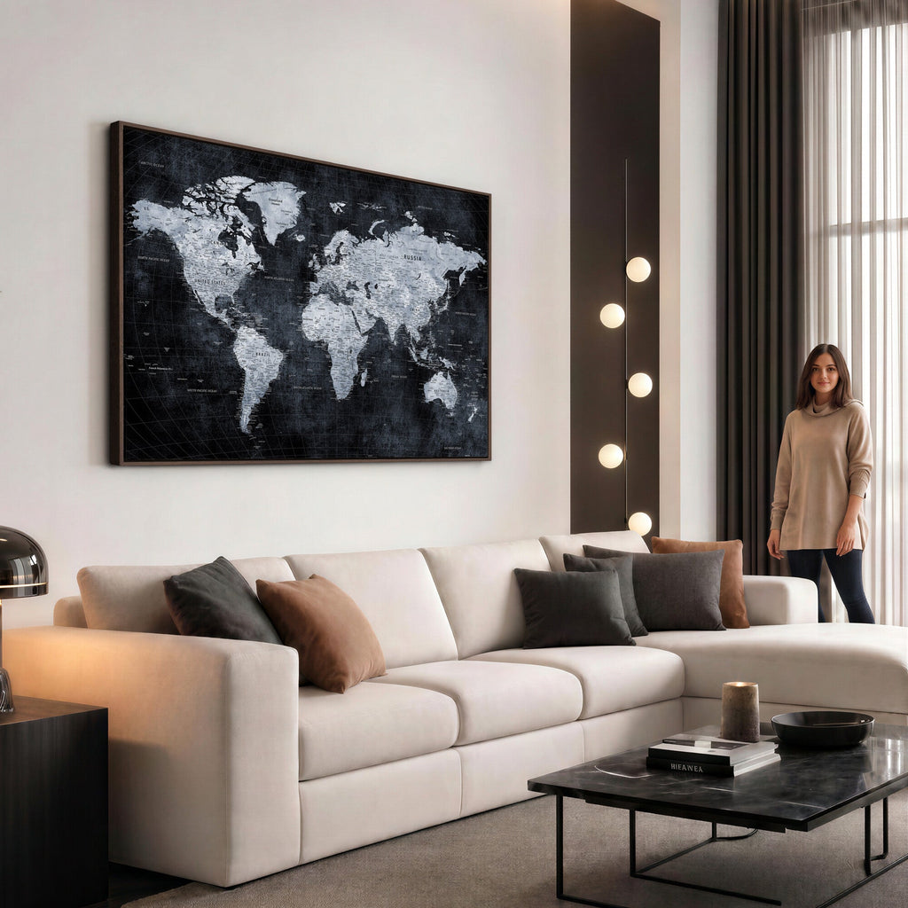 Black World Map Canvas Print | Detailed Map for Couples and Anniversary Gift