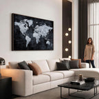Black World Map Canvas Print | Detailed Map for Couples and Anniversary Gift