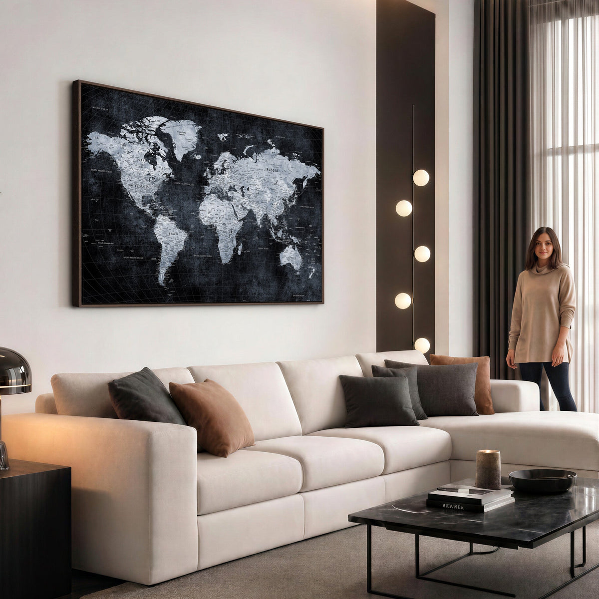 Black World Map Canvas Print | Detailed Map for Couples and Anniversary Gift