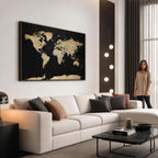 Beige World Map Canvas Wall Art Print, Minimal Black and Beige Map