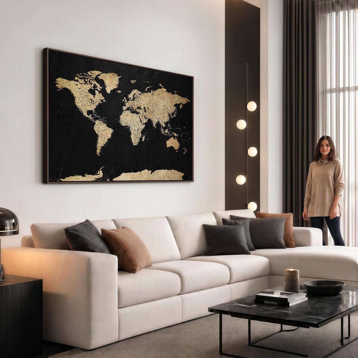 Beige World Map Canvas Wall Art Print, Minimal Black and Beige Map