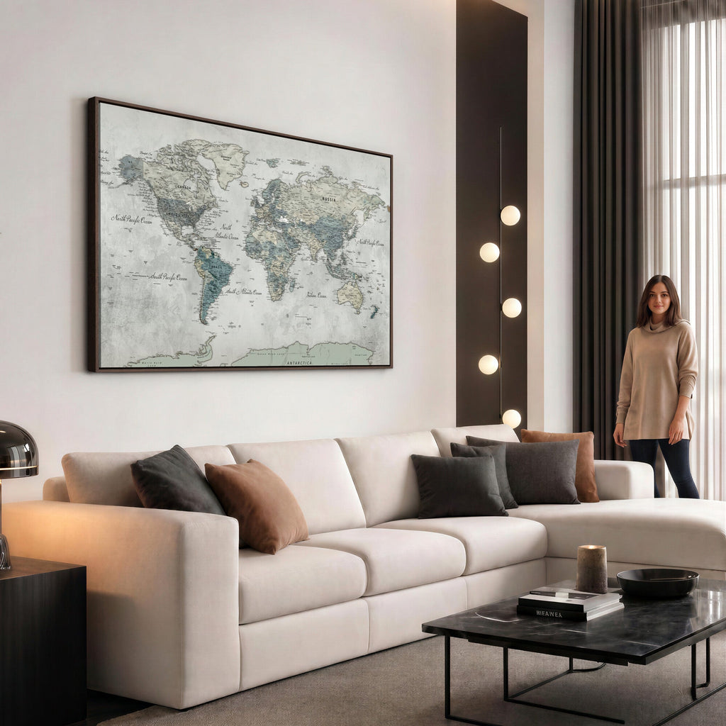 Neutral Vintage World Map Canvas Wall Art Print, Classic Map Artwork