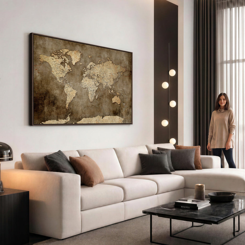 Dark Vintage World Map Canvas Wall Art Print, Antique Map Artwork