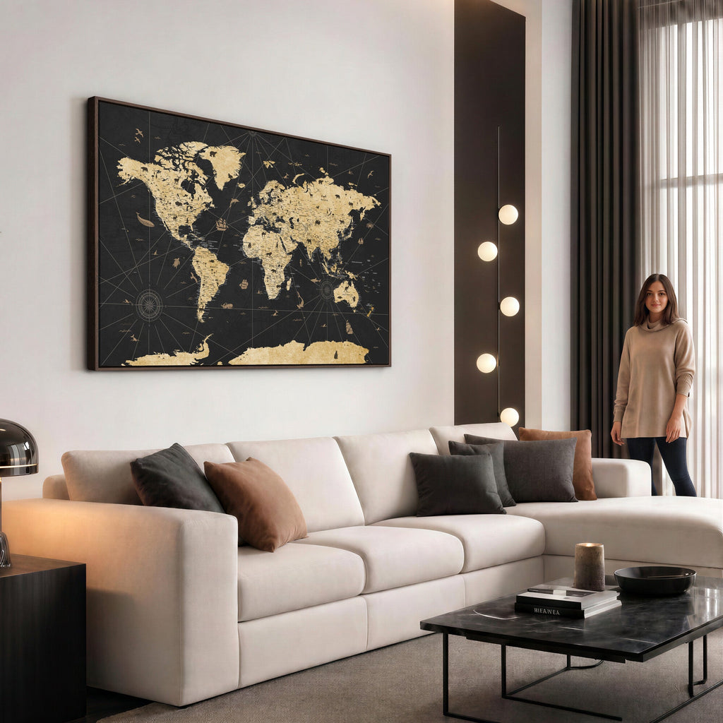Vintage Blue and Brown World Map Canvas Wall Art | Framed Rustic Map Print