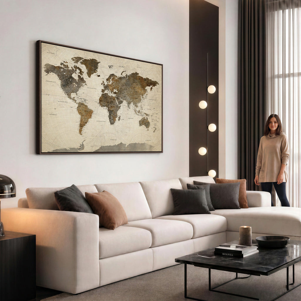 Vintage World Map Canvas Wall Art | Framed Antique Style Travel Map
