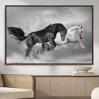 Wild Horses Wall Art Canvas Print, Framed Black and White Galloping Horses