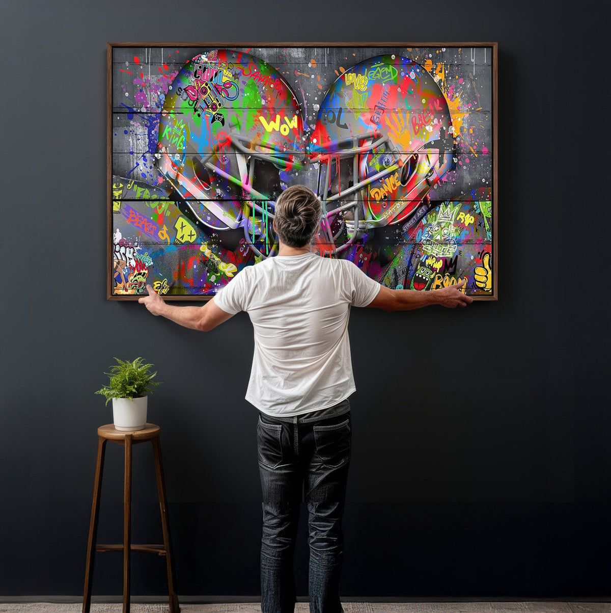 Graffiti Football Helmets Wall Art Canvas Print, Urban Street Art
