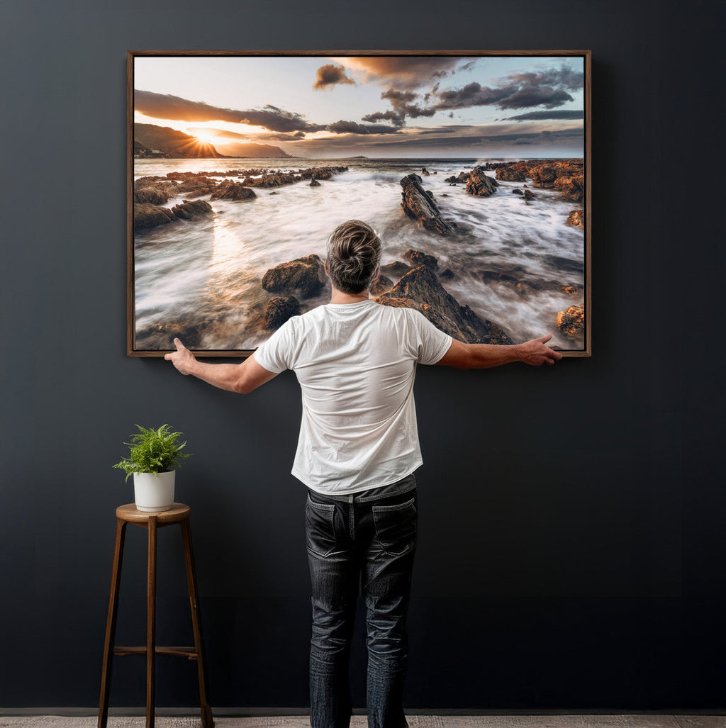 Rocky Coast Ocean Sunset Wall Art Canvas Print, Dramatic Seascape Nature Decor