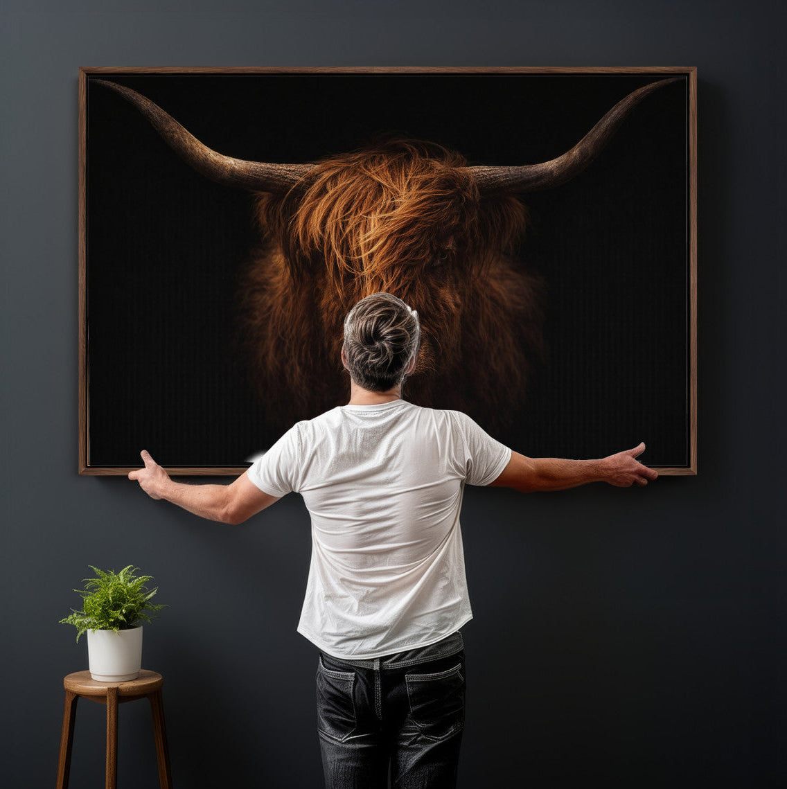 Highland Cow Wall Art Canvas Print | Moody Dark Rustic Farmhouse Portrait