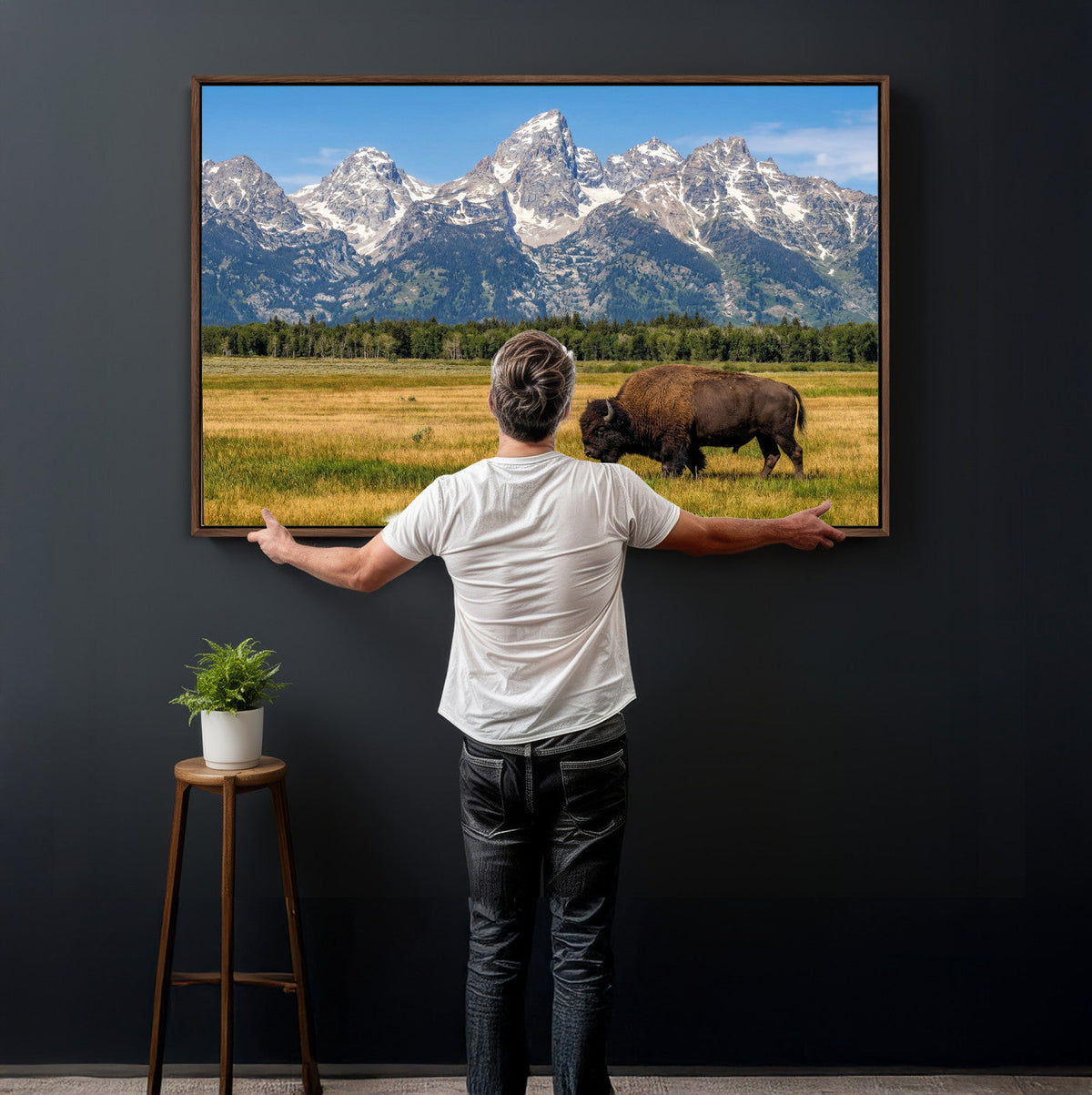 Bison in Mountain Landscape Wall Art Canvas Print, Western Decor