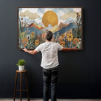 Boho Mountain Landscape Large Wall Art, Horizontal Gold Sun and Flowers Print