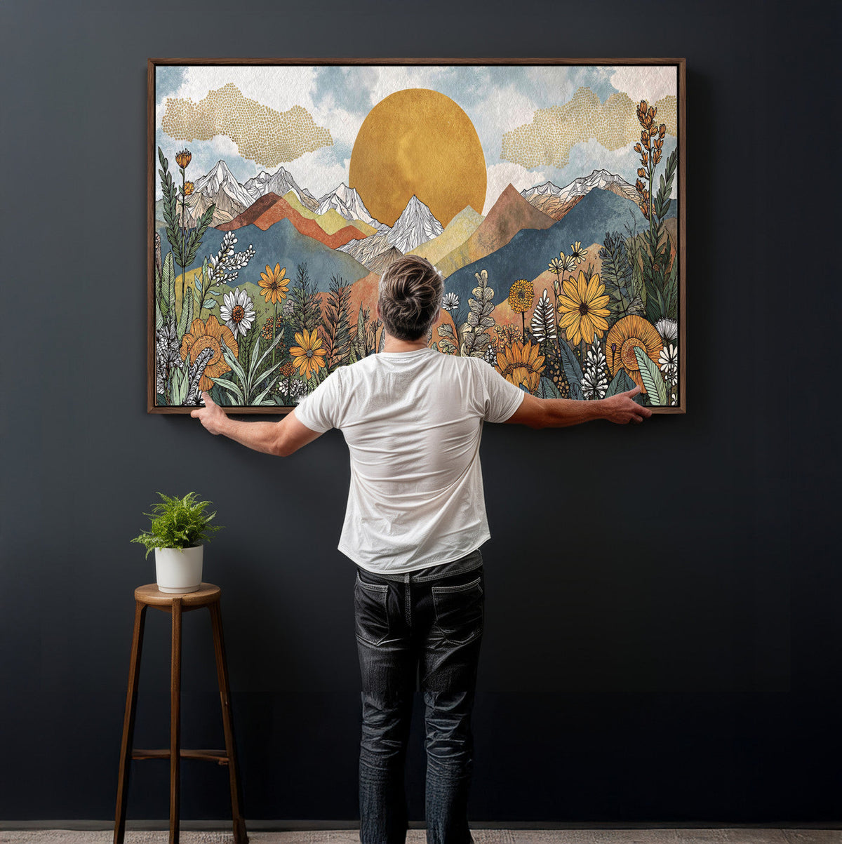 Boho Mountain Landscape Large Wall Art, Horizontal Gold Sun and Flowers Print