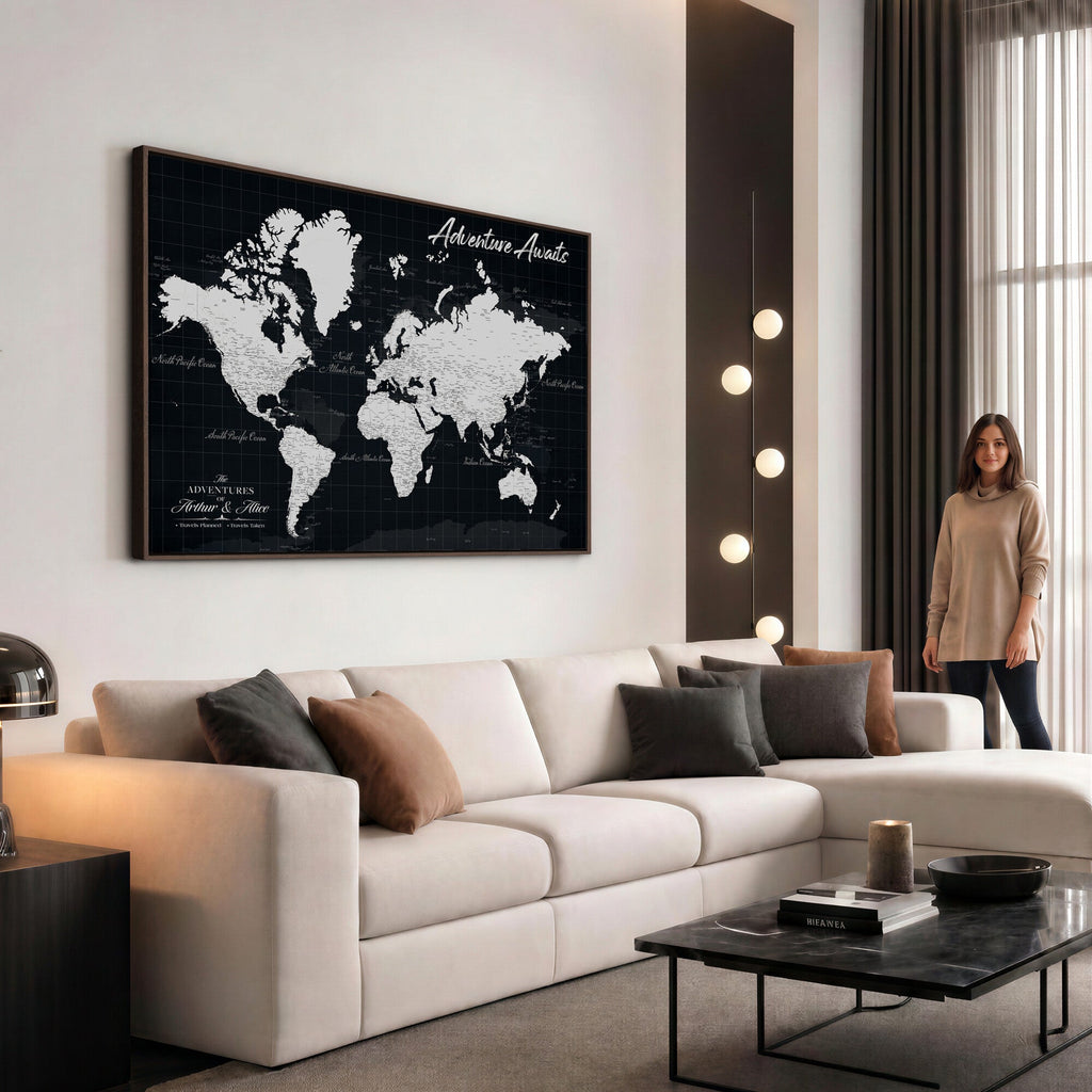 Personalized Black Push Pin Travel Map Canvas Print, Couples Countries Visited Map, Entryway and Hallway Decor