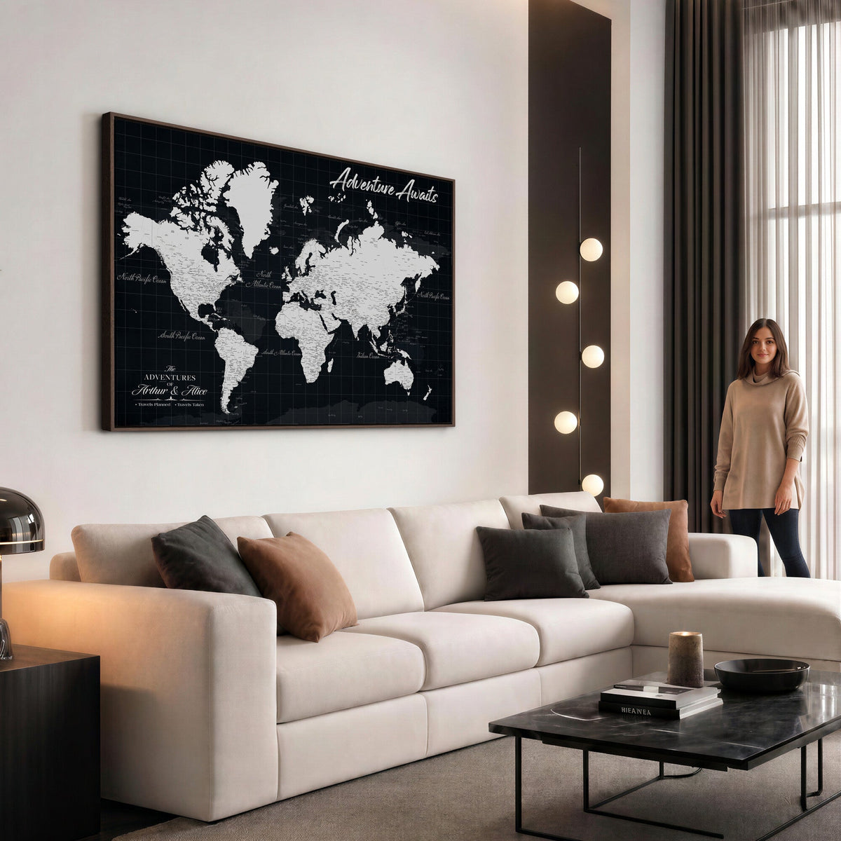 Personalized Black Push Pin Travel Map Canvas Print, Couples Countries Visited Map, Entryway and Hallway Decor