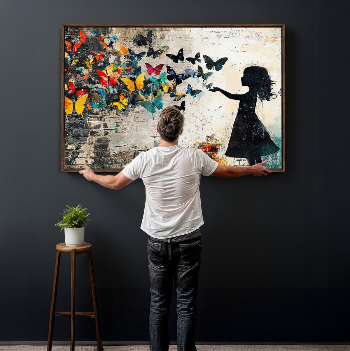Banksy Butterfly Girl Wall Art Canvas Print, Framed Street Art