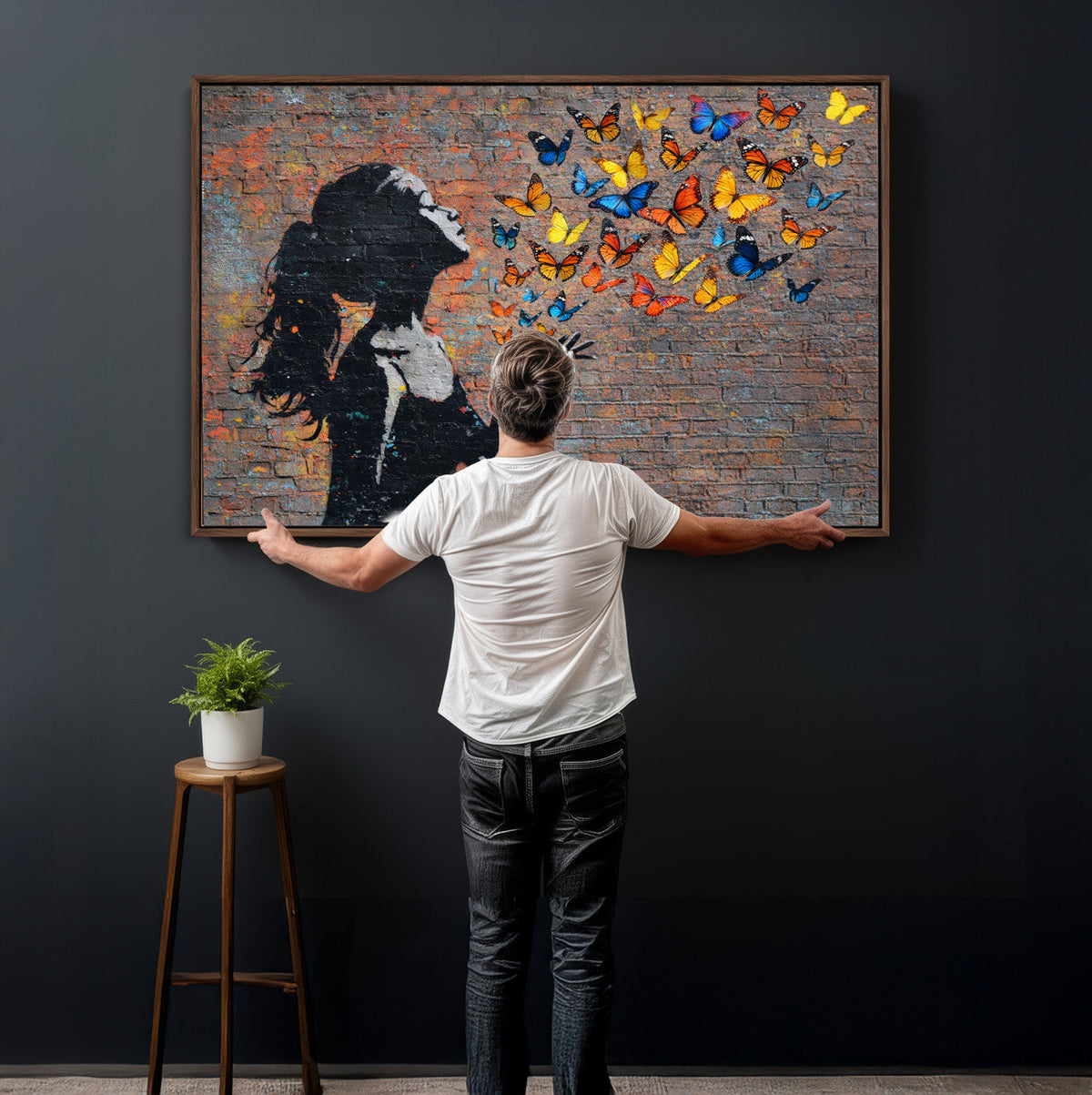 Urban Banksy Butterfly Girl Wall Art Canvas Print, Framed