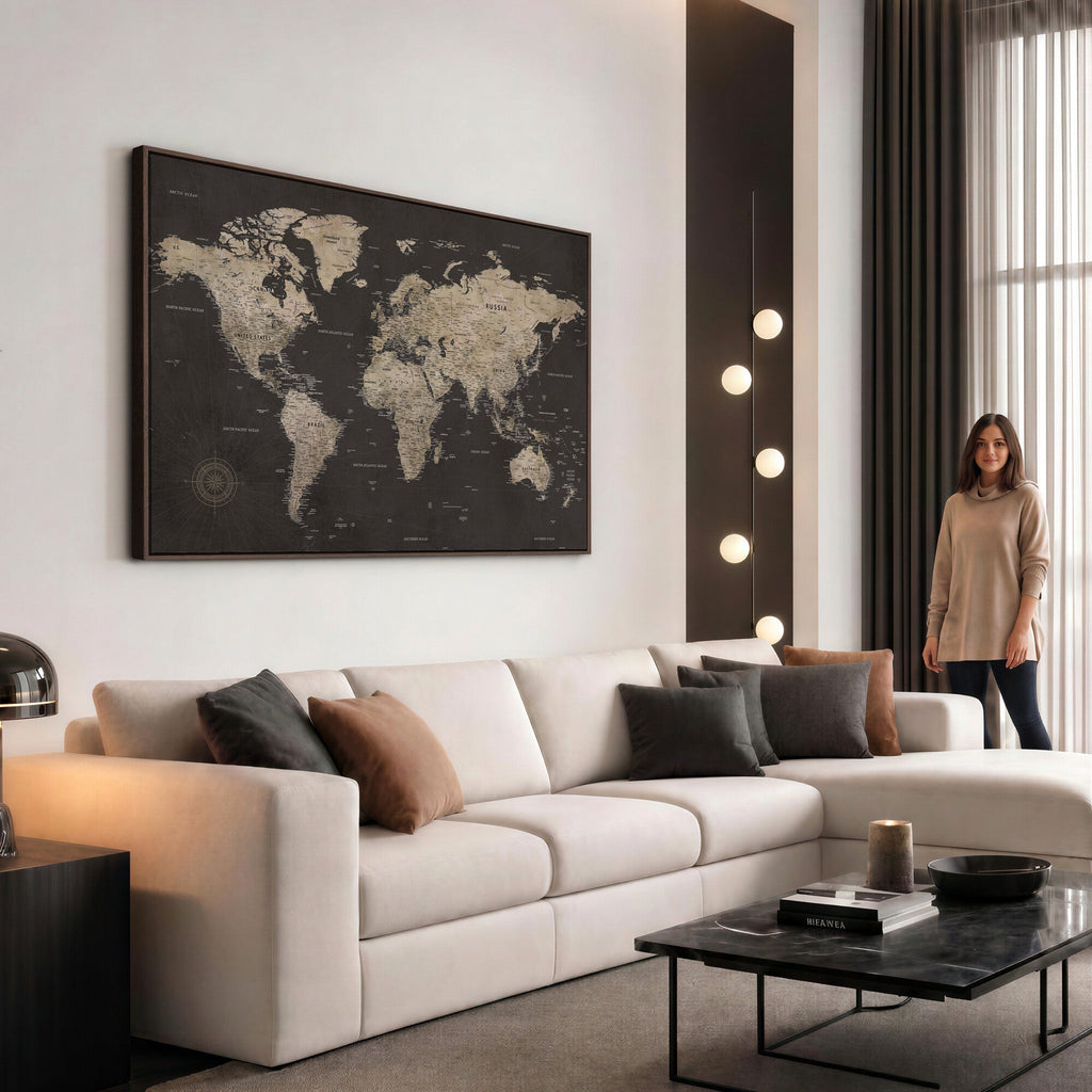 World Map Canvas Wall Art, Dark Charcoal and Antique Tan Detailed Map