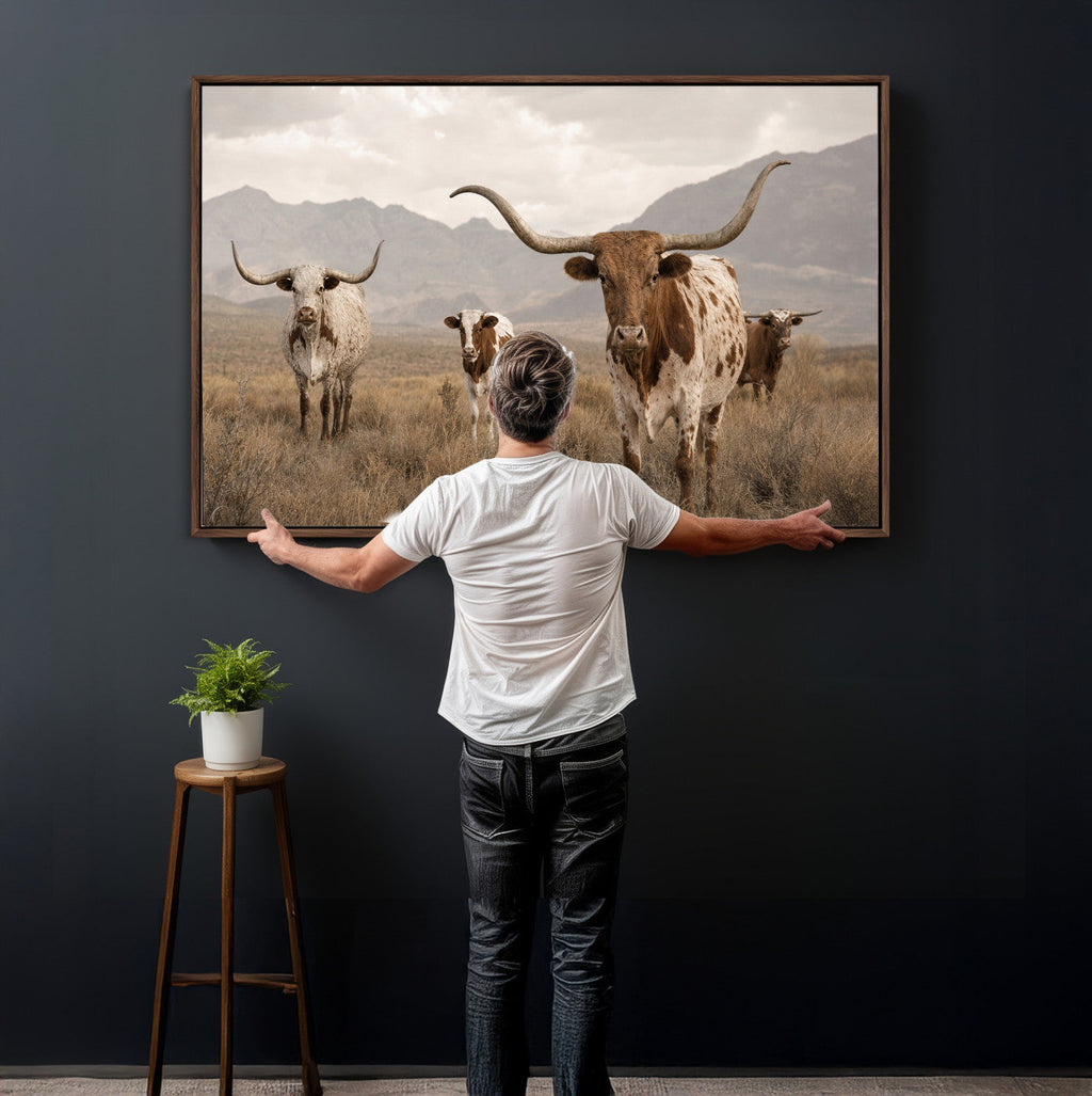 Rustic Texas Longhorn Cow Canvas Wall Art Print, Farm Animal Photography