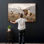 Rustic Texas Longhorn Cow Canvas Wall Art Print, Farm Animal Photography