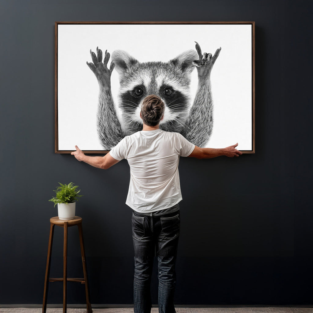 Funny Raccoon Canvas Wall Art, Black White Hands Up Animal Photo Print