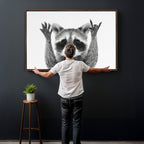 Funny Raccoon Canvas Wall Art, Black White Hands Up Animal Photo Print