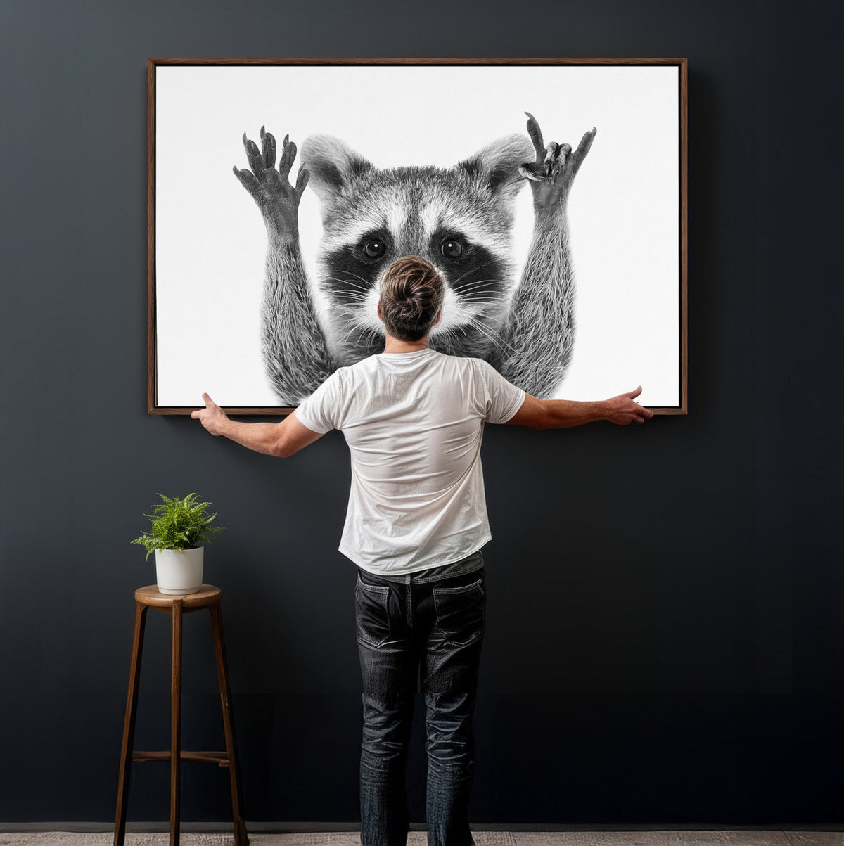 Funny Raccoon Canvas Wall Art, Black White Hands Up Animal Photo Print