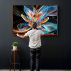 Fractal Lotus Canvas Wall Art, Blue Orange Glowing Flower Abstract Print