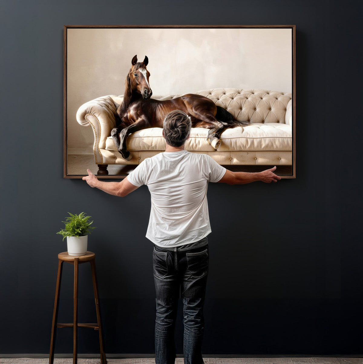 Funny Horse on Sofa Canvas Wall Art, Quirky Horse Lounging Photo Print