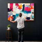 Blue Teal Abstract Canvas Wall Art, Modern Brushstroke Style Print, Navy Orange Contemporary Decor
