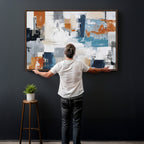 Blue Teal Abstract Canvas Wall Art, Modern Brushstroke Style Print, Navy Orange Contemporary Decor