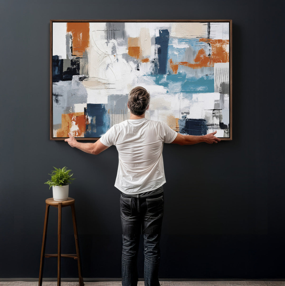 Blue Teal Abstract Canvas Wall Art, Modern Brushstroke Style Print, Navy Orange Contemporary Decor