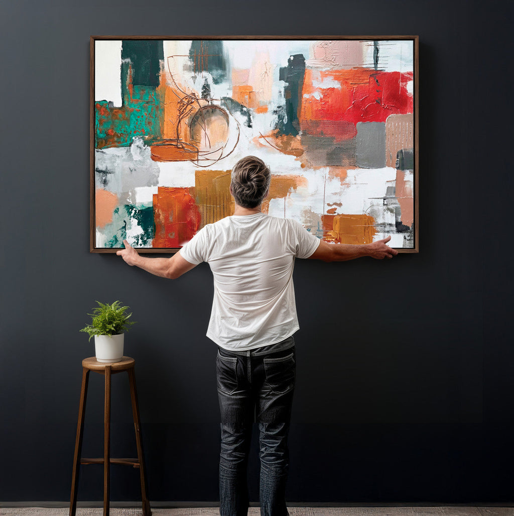 Blue Teal Abstract Canvas Wall Art, Modern Brushstroke Style Print, Navy Orange Contemporary Decor
