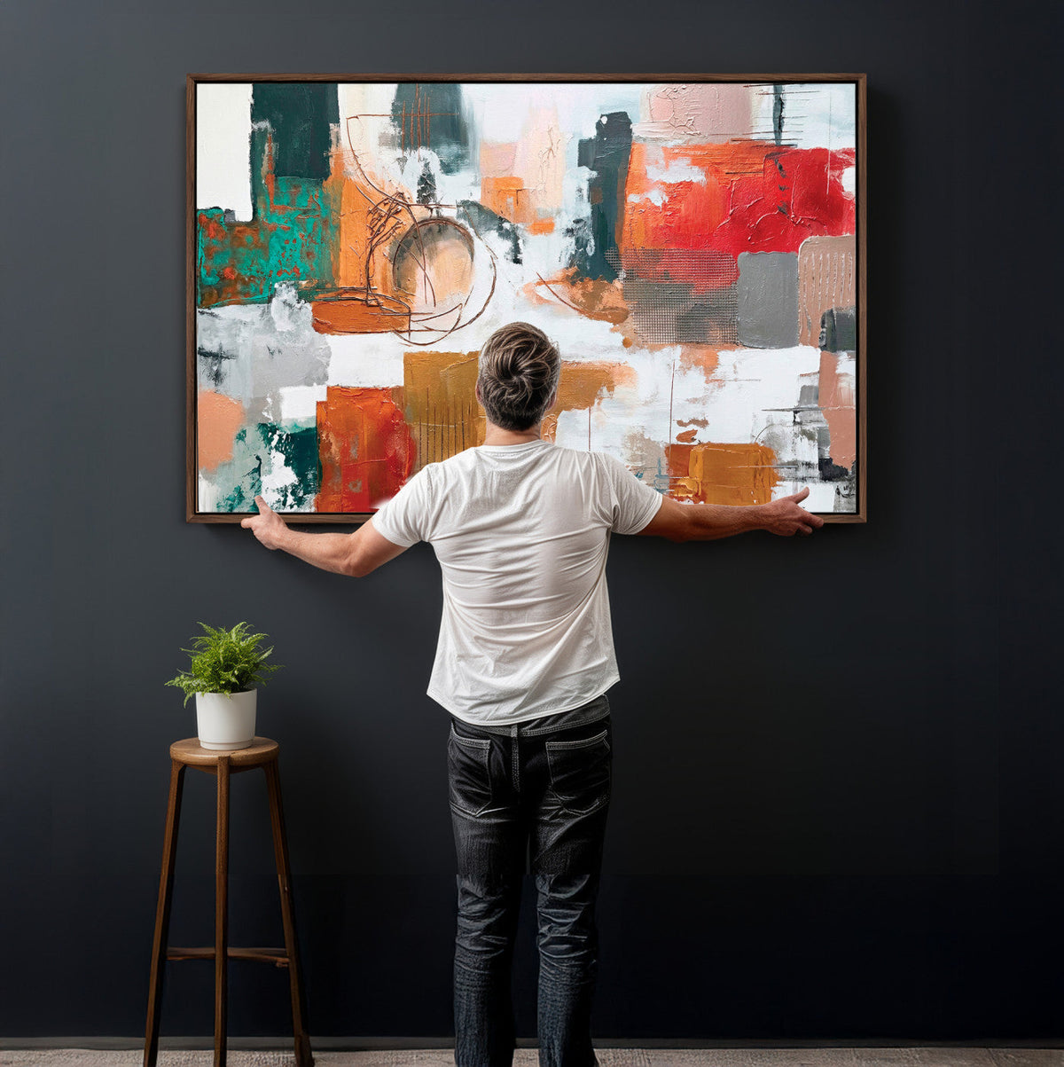 Blue Teal Abstract Canvas Wall Art, Modern Brushstroke Style Print, Navy Orange Contemporary Decor