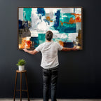 Blue Teal Abstract Canvas Wall Art, Modern Brushstroke Style Print, Navy Orange Contemporary Decor