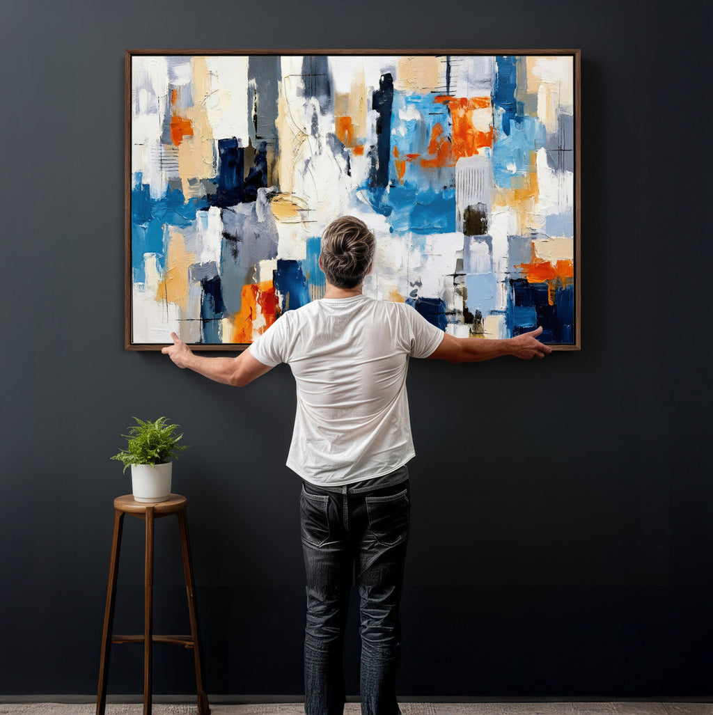 Blue Teal Abstract Canvas Wall Art, Modern Brushstroke Style Painting Print, Navy Orange Contemporary Decor
